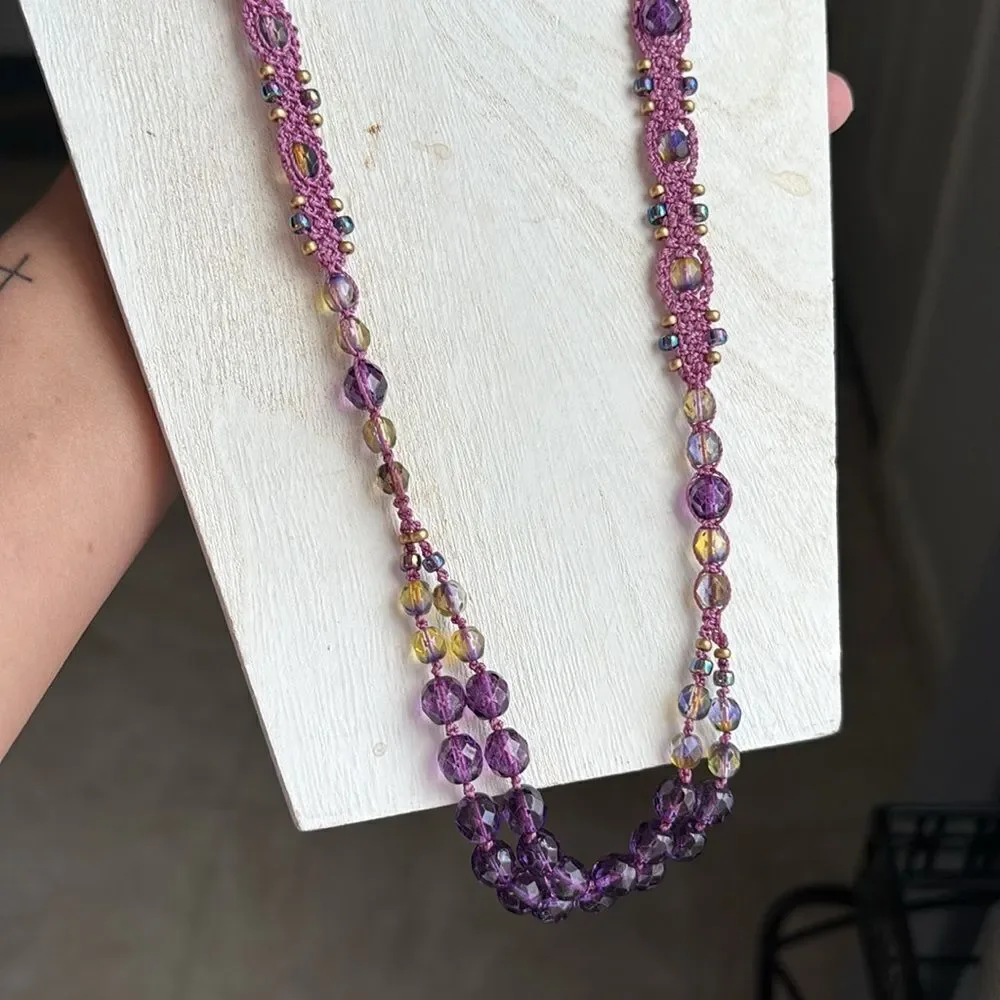 Purple Aurora Borealis Bead Beaded Crochet Handmade Necklace Boho Hippie Unique​